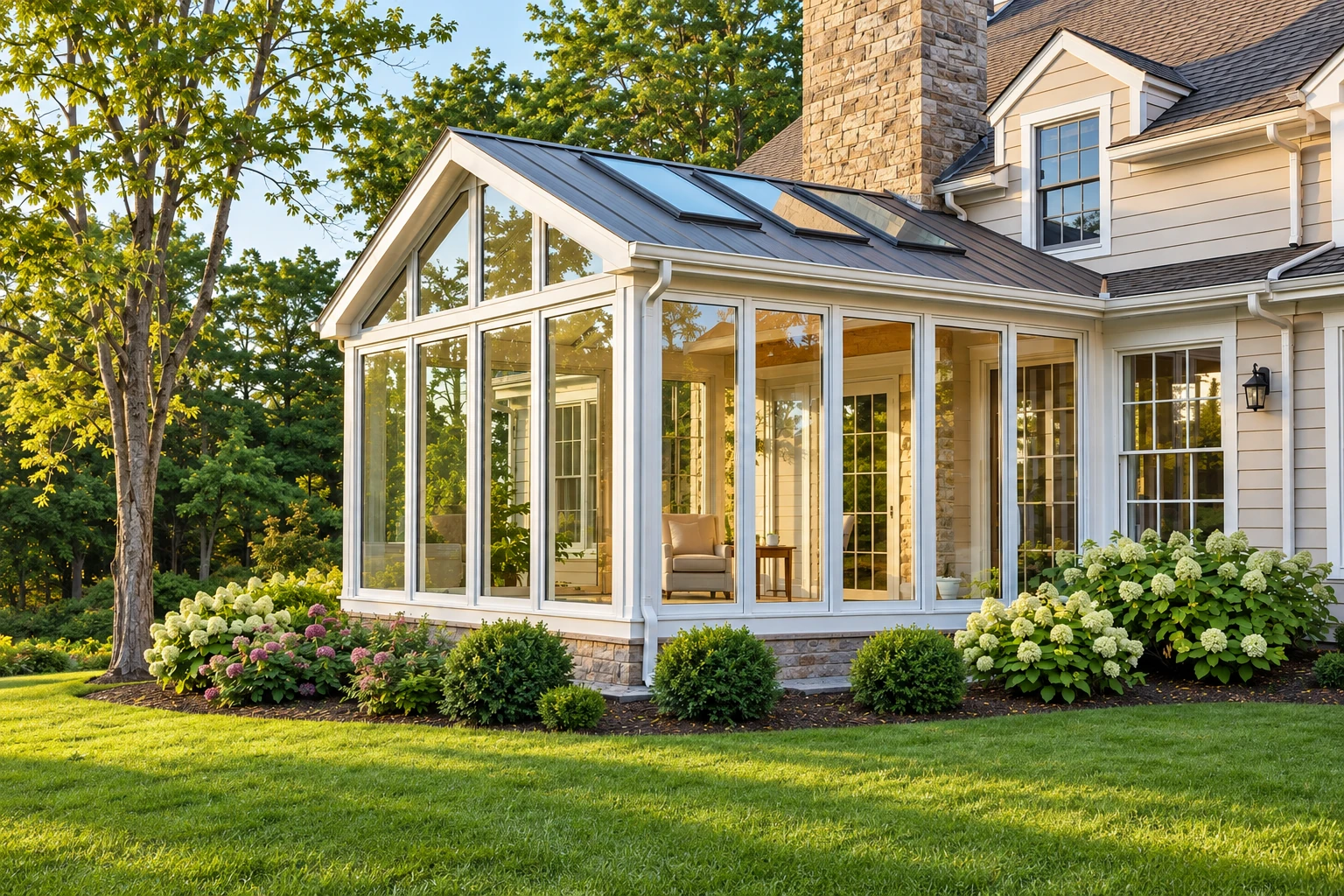 Custom sunroom with a peaked glass roof and tall windows extending from a cream-sided house, surrounded by shrubs and lawn.
