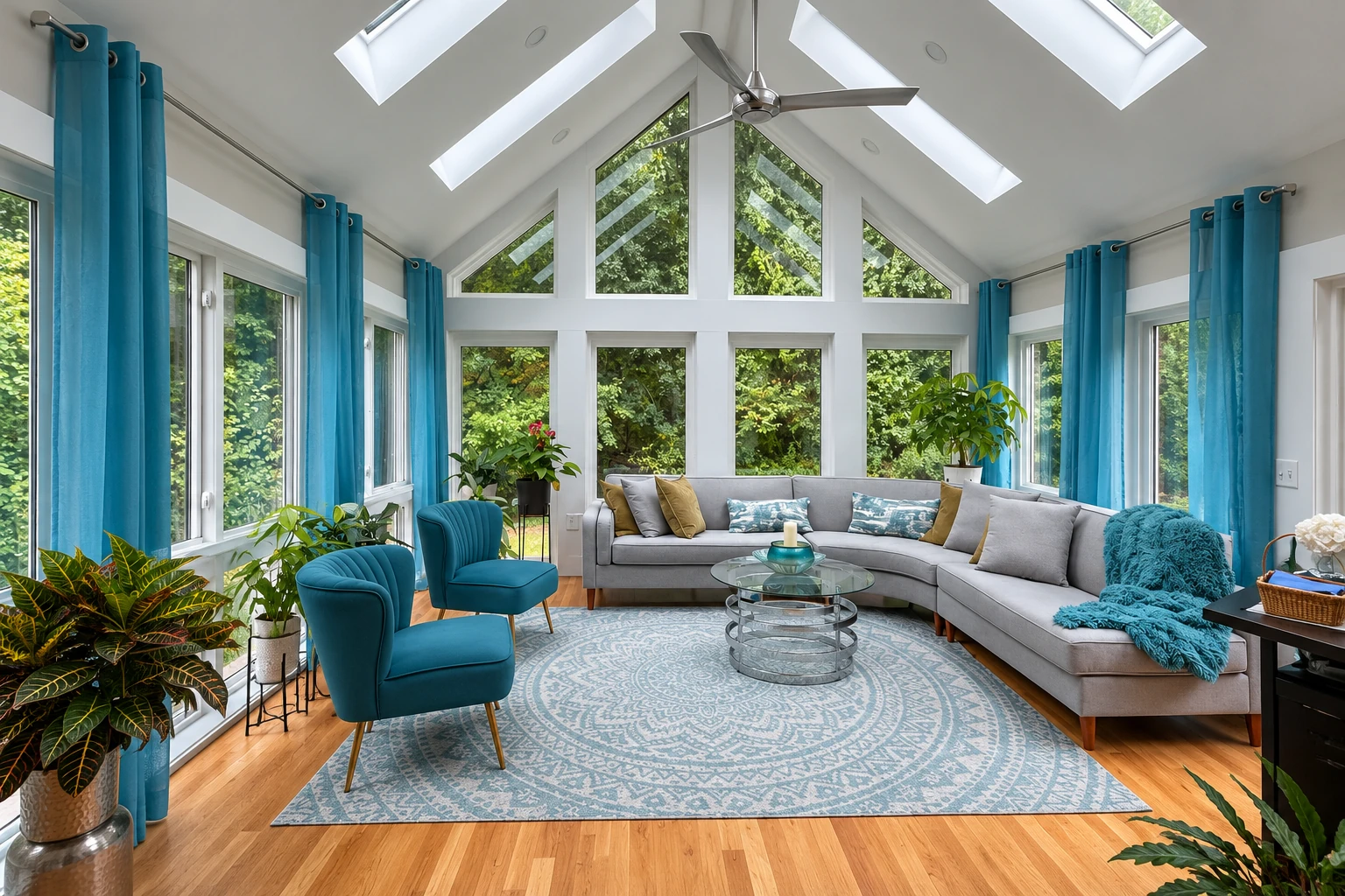 A bright sunroom interior features tall windows, skylights, blue curtains, and a gray sectional around a glass coffee table.
