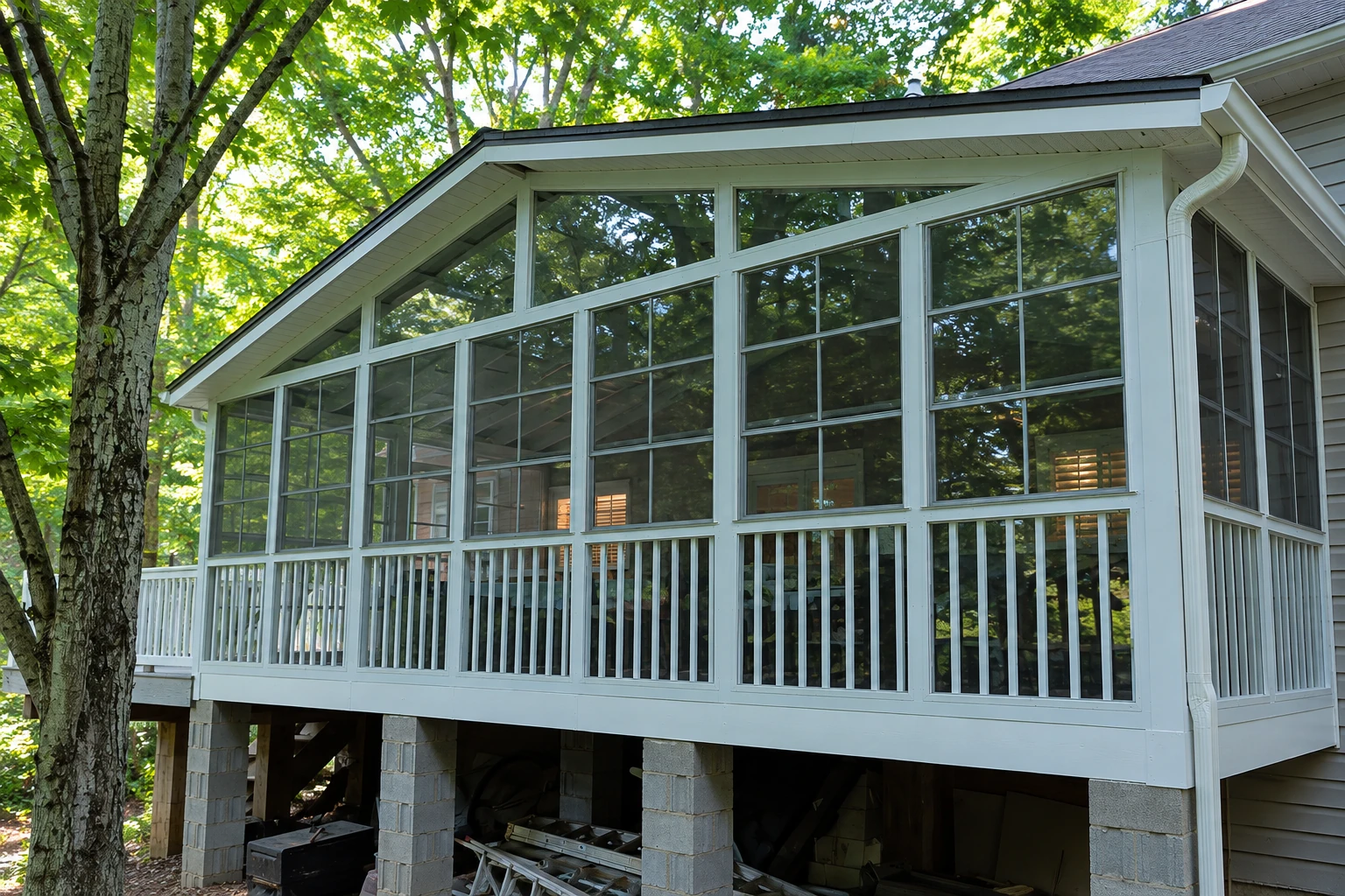 A raised deck enclosed as a sunroom has white framing, tall grid windows, and a peaked roof beneath leafy trees.