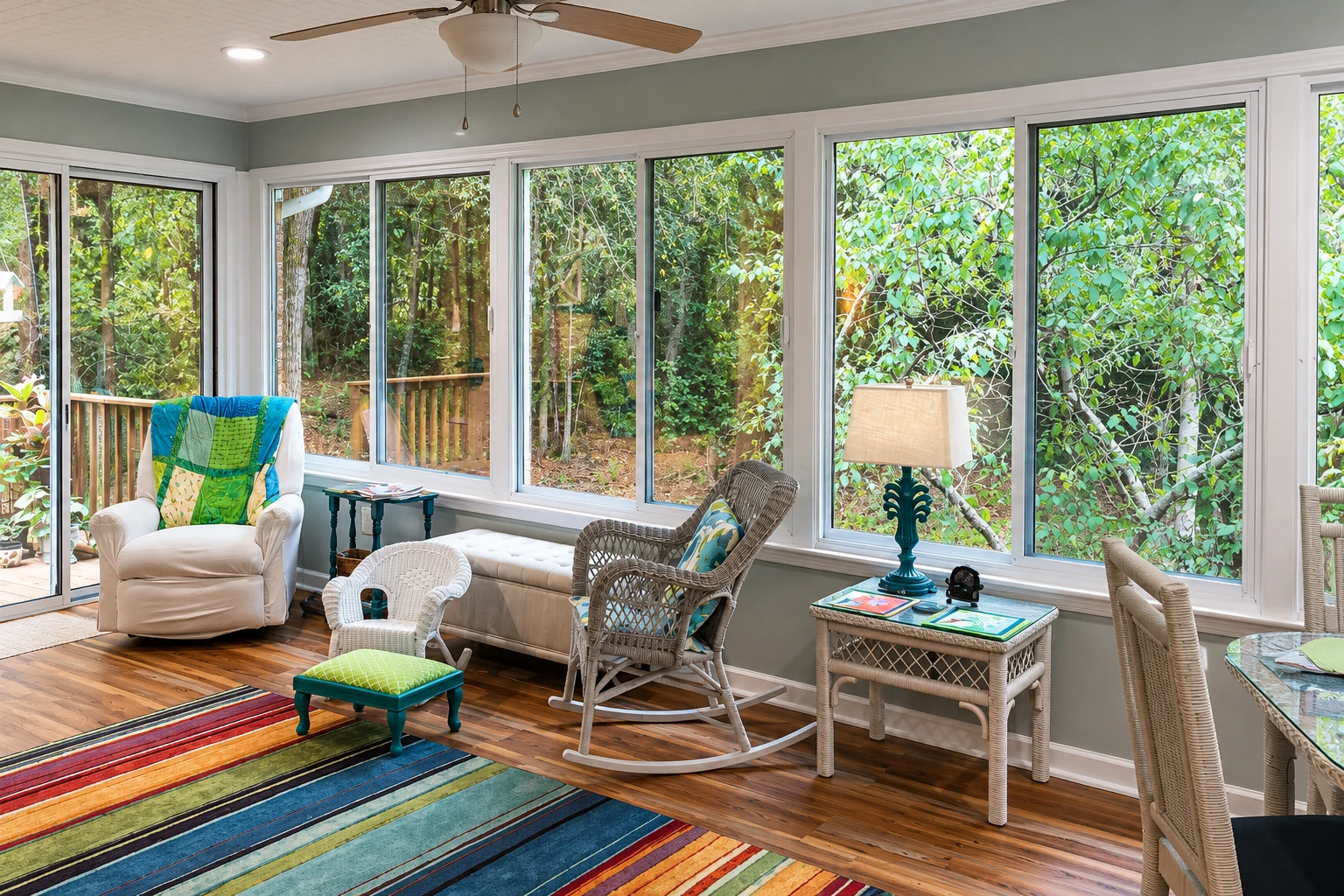 Enclosed patio room with broad windows, wicker chairs, a colorful rug, and leafy trees outside.