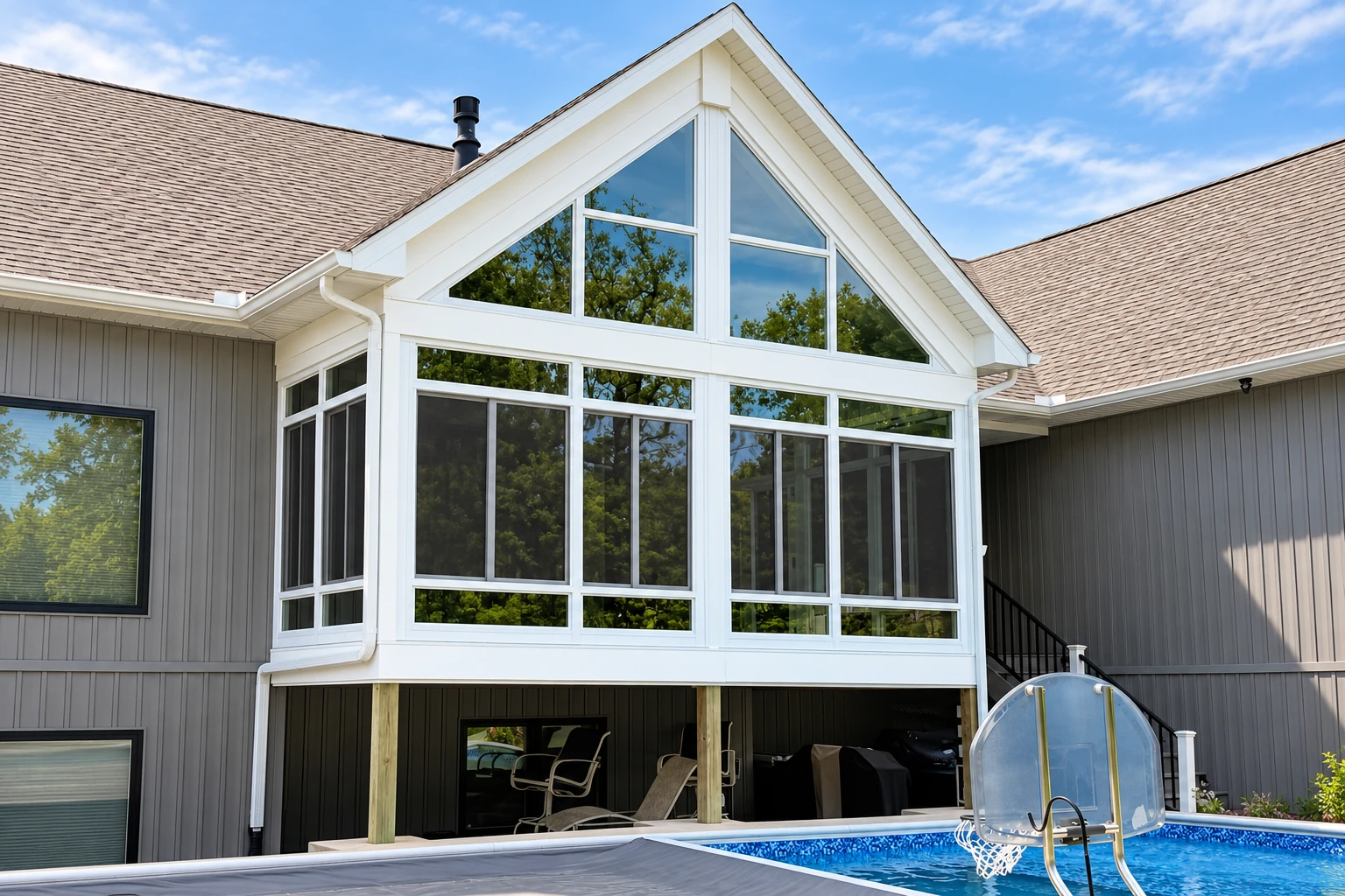 A tall enclosed patio room with white framing and triangular upper windows overlooks a swimming pool and basketball hoop.
