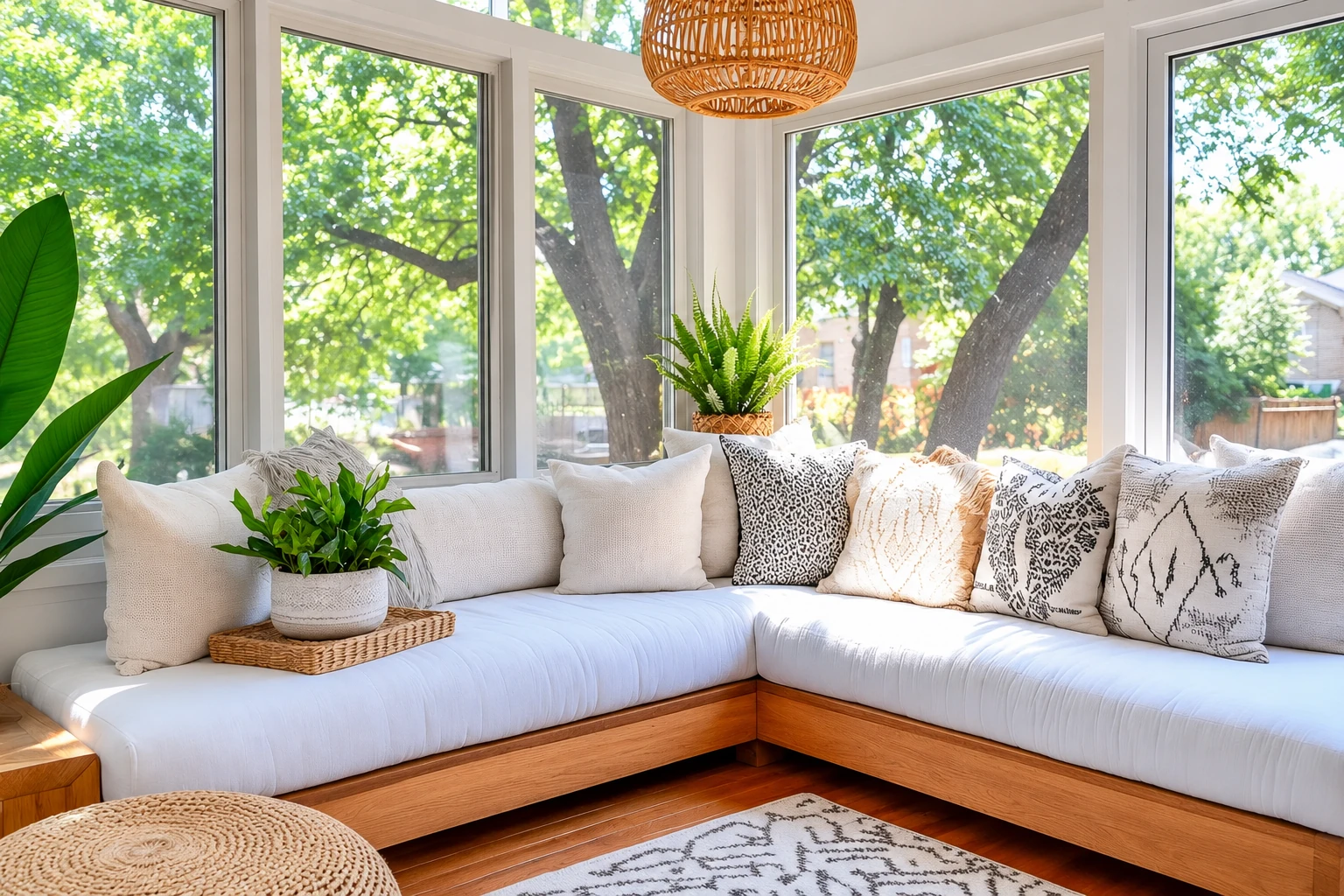 Four-season sunroom with a white corner sofa, patterned cushions and large windows overlooking leafy trees.