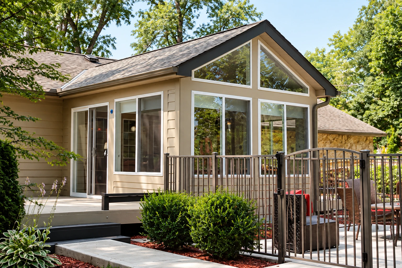 A gabled four-season sunroom with large white-framed windows adjoins a tan house beside a fenced patio.