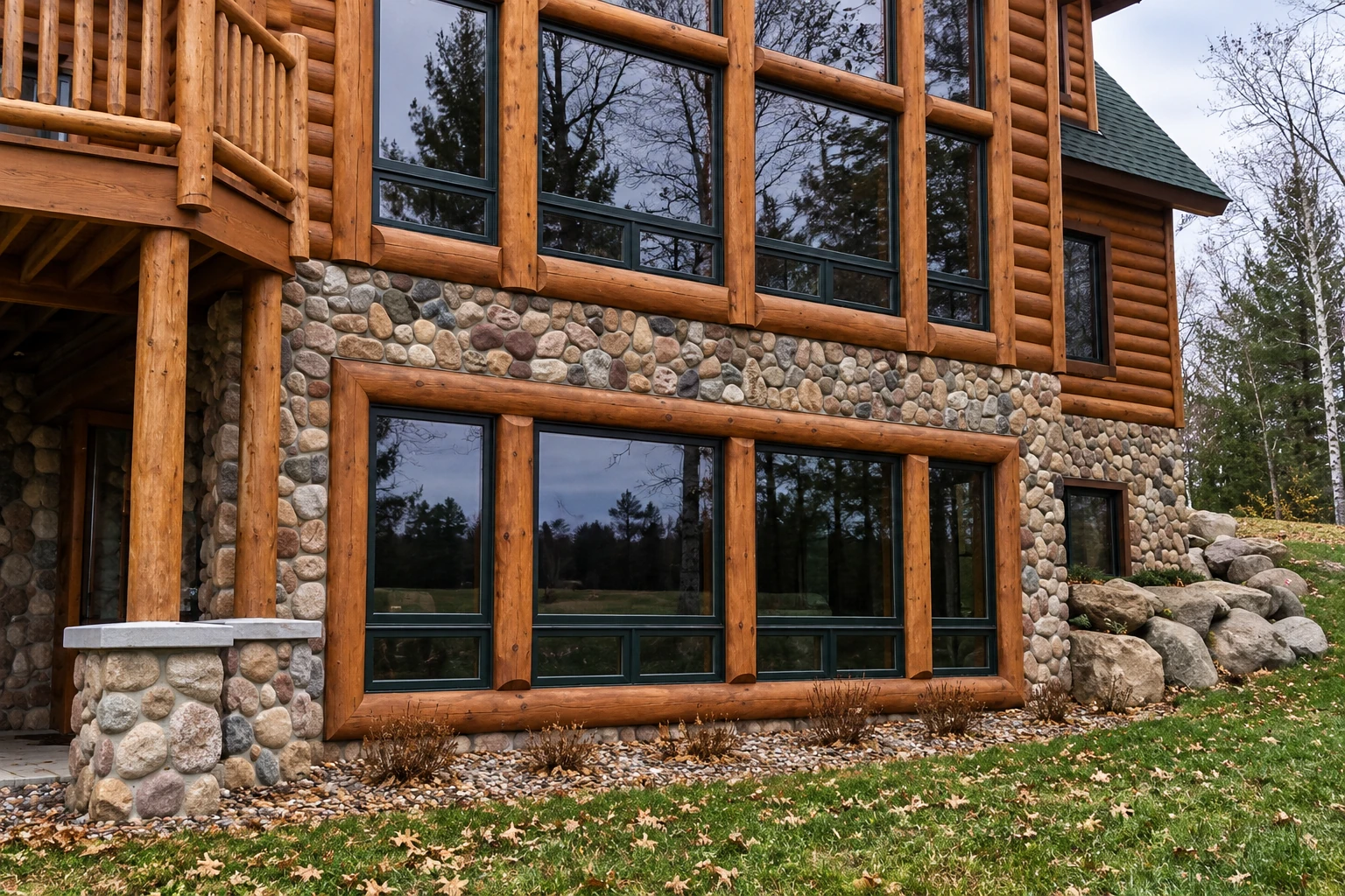 Rustic log-and-stone house exterior with large dark-framed windows and a covered porch.