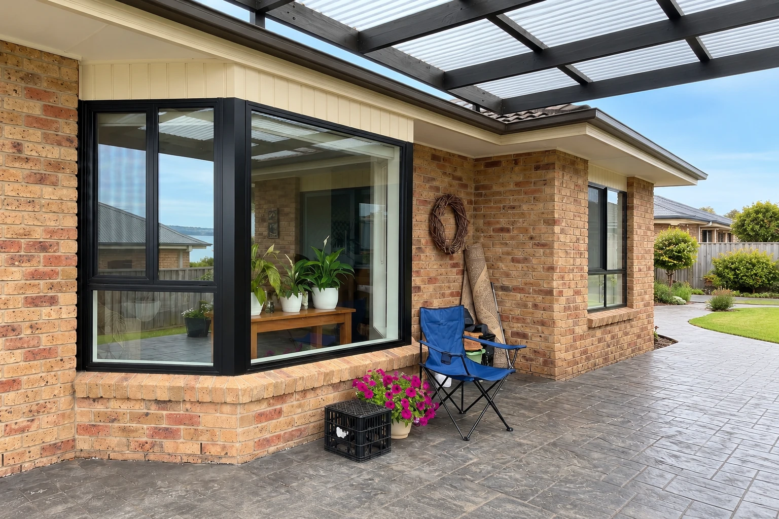 Patio enclosure beside a brick house, with black-framed glass panels beneath a translucent roof and a blue folding chair.