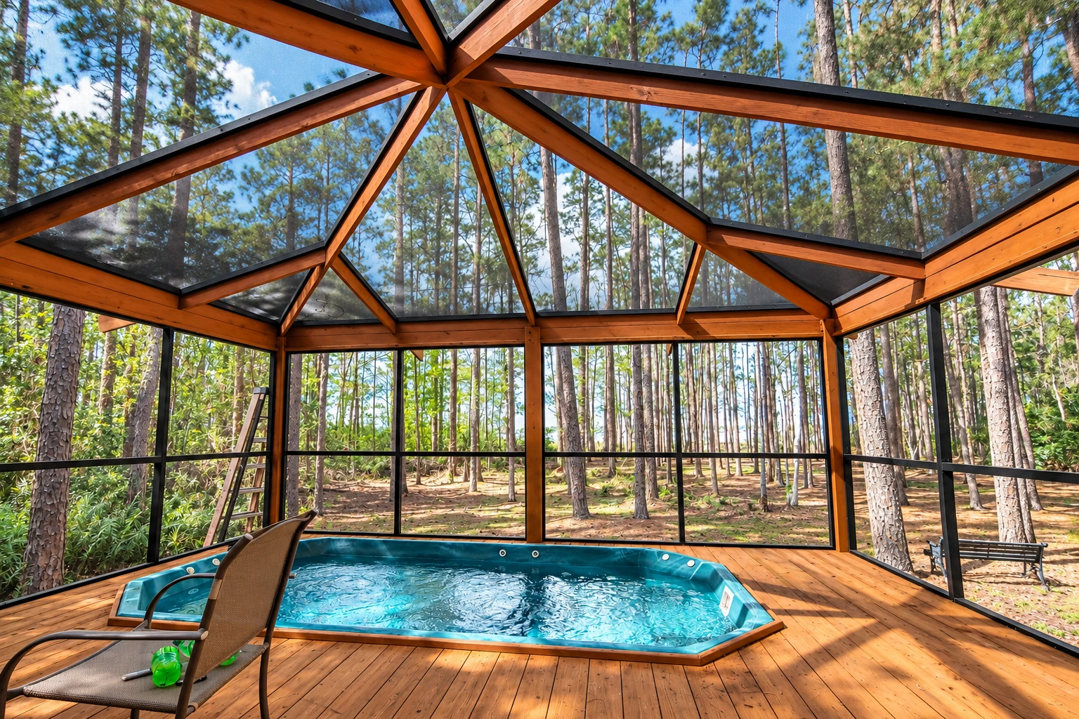 A wooden patio enclosure has screened walls and a glass roof over a small pool, with a wooded view beyond.