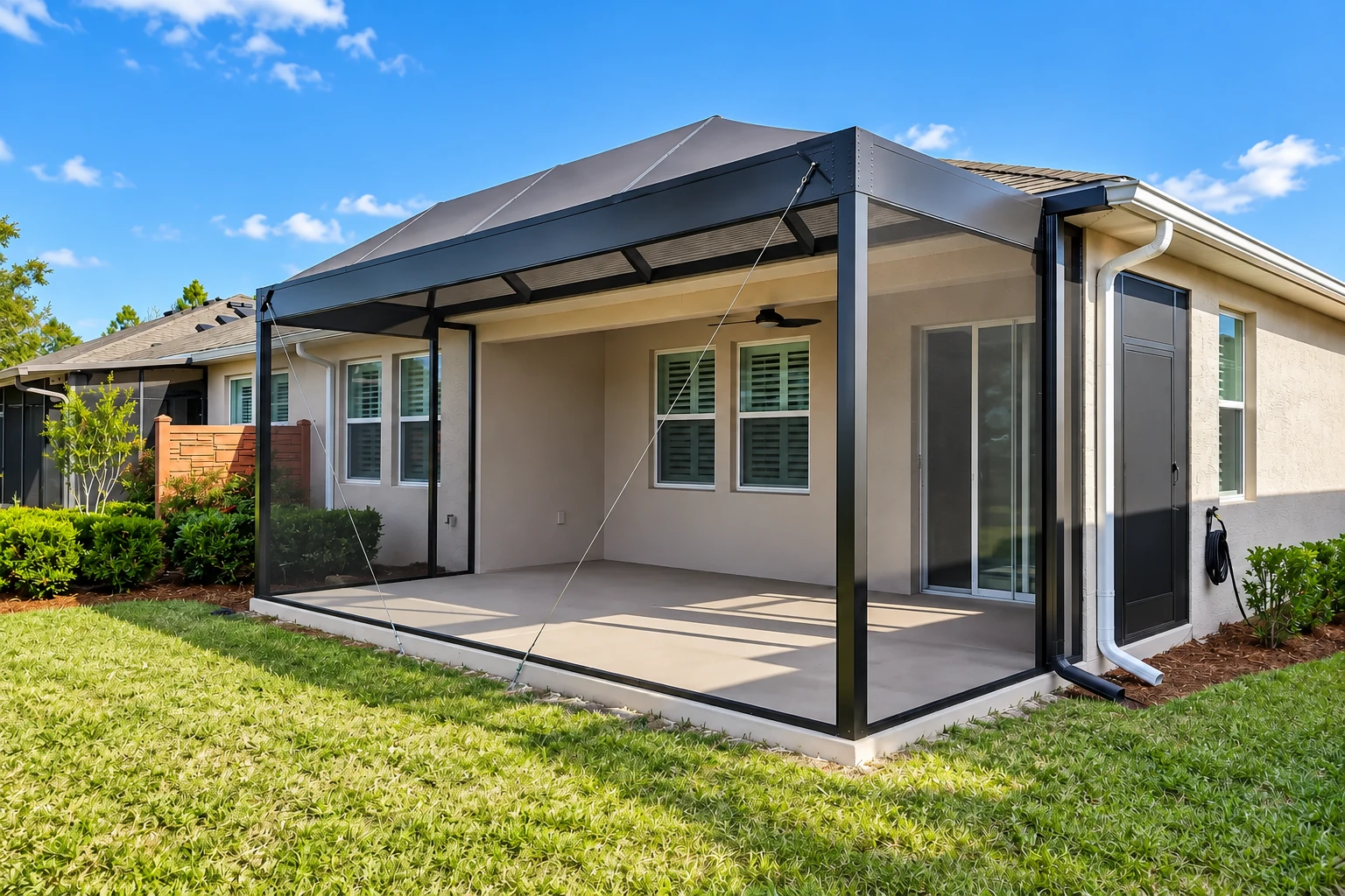 New screen room attached to a house, with a black metal frame, screened walls, and a sloped roof over a bare concrete floor.