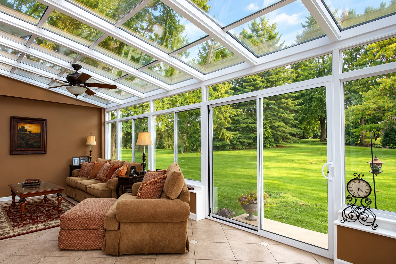 Solarium with a glass-paneled roof, white-framed walls, and a view across a green lawn.