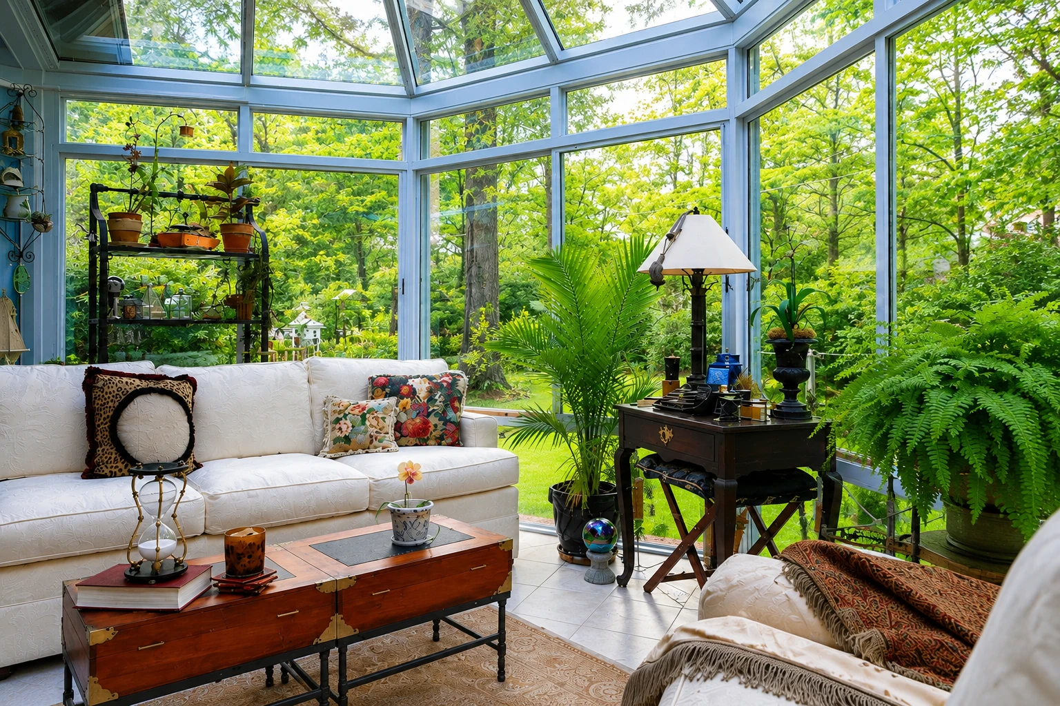 Sunroom addition with a glass roof and blue framing, furnished with a white sofa, plants and a wooden coffee table.