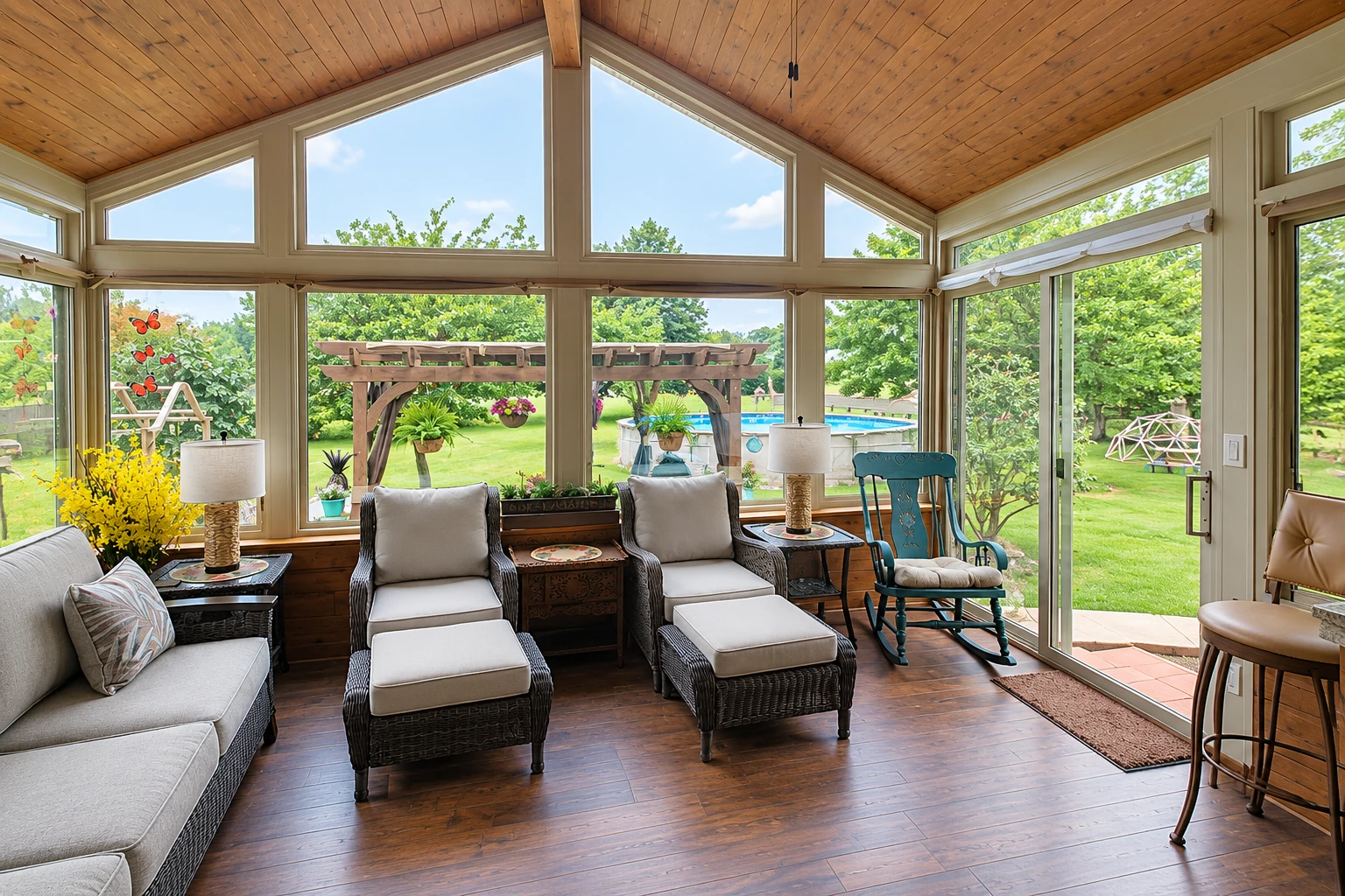 Furnished sunroom with a wood-paneled vaulted ceiling, large windows, wicker seating, and a garden and pool outside.