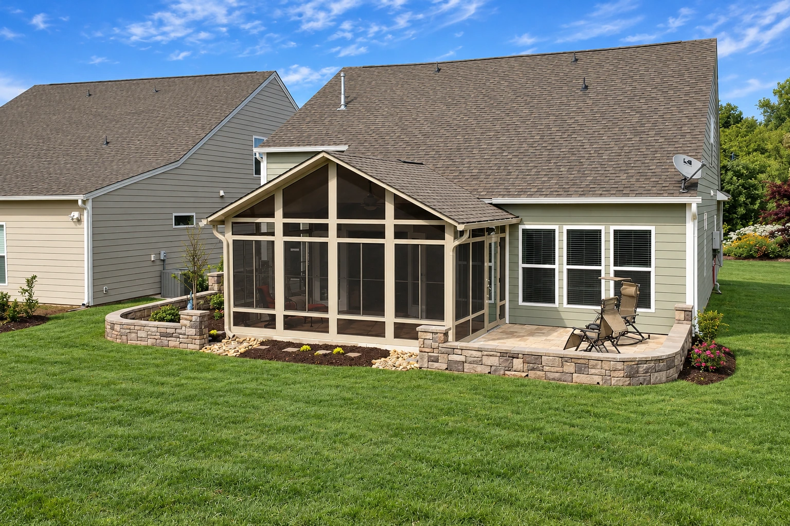 A tan-framed sunroom with a peaked roof and screened walls extends from a two-story house onto a stone-edged patio.