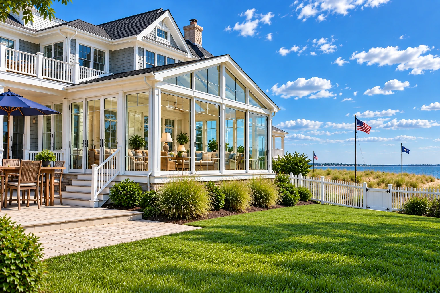 White-framed glass sunroom attached to a coastal home, with a patio, lawn, and water visible beyond a fence.