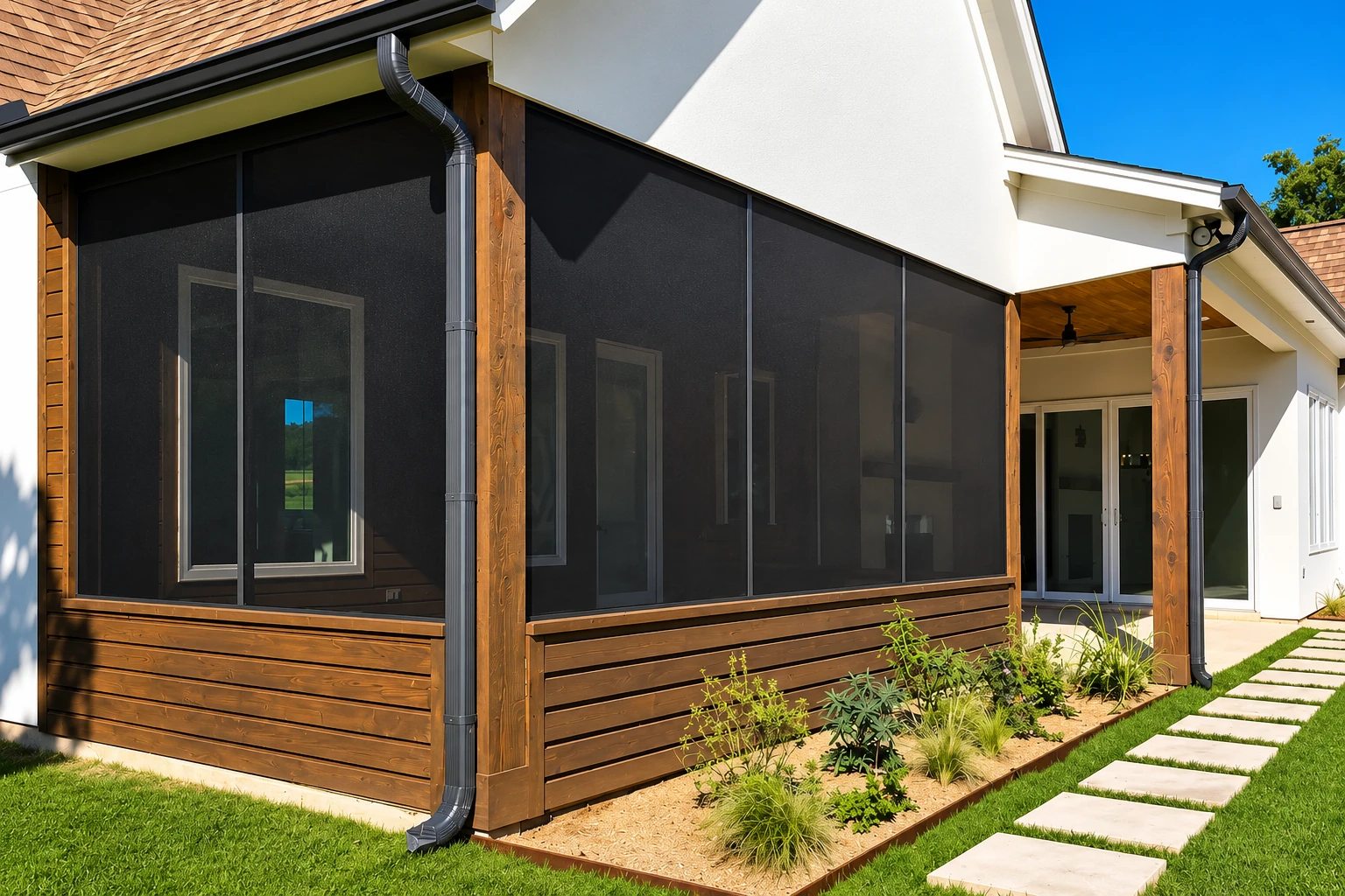 House exterior with a wood-framed patio enclosure covered by dark screens, beside a landscaped garden and stepping-stone path.