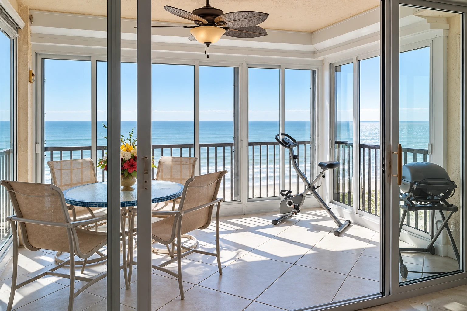 Bright glass-enclosed sunroom overlooking the ocean, furnished with a dining set, exercise bike, and grill.