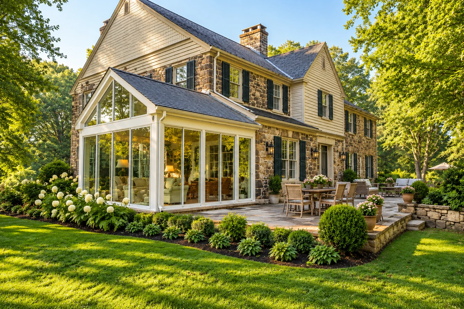 Stone house with a white-framed glass sunroom opening onto a landscaped stone patio and garden.